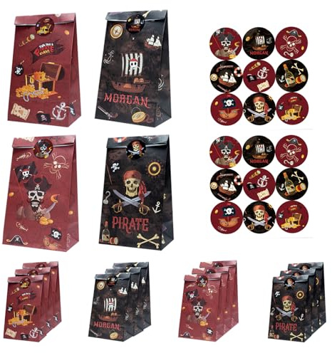 Lot de 12 sacs cadeaux pirates - Décoration d'anniversaire d'enfant - Avec 15 autocollants de pirate - Sac cadeau pour fête de pirate - Pour bonbons, trésor de pirate, anniversaires