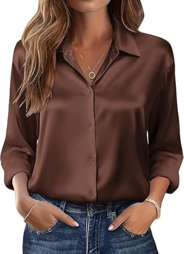 Beyove Blusa de satén de seda con cuello en V, elegante, manga larga, para negocios, con botones, suelta, manga larga, marrón, M