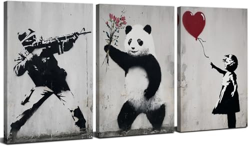 3Pcs Cuadro en Lienzo de Banksy Vintage Arte mural en Blanco y Negro para sala de Estar Arte en Lienzo de Pandas y Flores Rosas Grafiti Callejero de Niña y Globo Rojo, Impresiones en Lienzos 30x40 cm