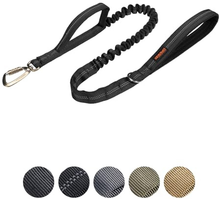EXCELLENT ELITE SPANKER Laisse Militaire Tactique pour Chien Clips de Crochets en Aluminium Laisse pour Chien à élastique Corde élastique avec 2 poignées de contrôle(BLKW)