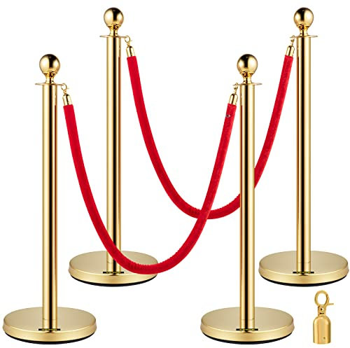 FlowerW Set of 2 Gold Round Top Queue Barrier Posts Stands Security Stanchion Rope Divider with 1.5M Red 3 Velvet Rope (Gold 2 Rope)
