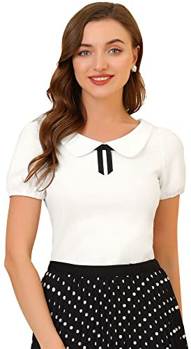 Allegra K Damen Rockabilly Bluse mit Bubikragen 50er Jahre Oberteil Kurzarm Rundhals Vintage Blusen Einfarbig Retro Top Weiß M