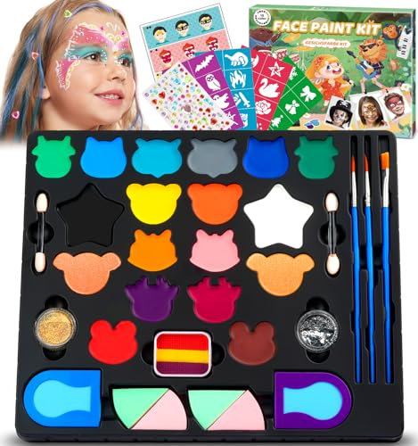 KHOLEZ Kinderschminke Set, Kinderschminken Körper Make-up-Kit, 18 Farben Schminken mit 32 Schablonen, Glitzer, Haarkreide, Edelstein, Schminken für Party, Halloween, Ostern