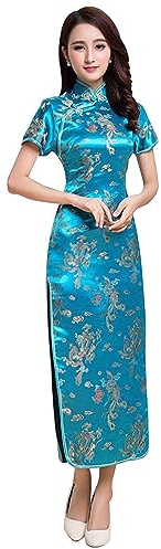 Women Cheongsam Long Dress Evening Short Sleeve Slim Fit Maxi Dress Floral Faux Silk Stand Collar Bodycon Qipao (Medium, Blue Dragon)