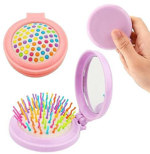 2Taschen-Haarbürste,Faltbarer Reise-Haarkamm,Hübsche Runde Haarbürsten,Niedlicher Luftkissen-Haar-Massage-Kamm,Regenbogen-Faltbarer Airbag-Kamm,Weich,Flexibel für Tochter Mädchen Frauen(PINK+PURPLE)
