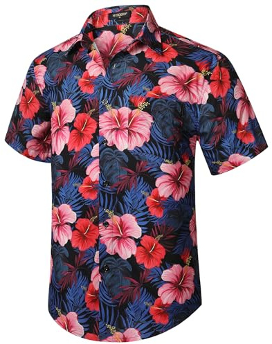 HISDERN Hawaiian Shirts for Men Casual Mens Shirts Short Sleeve Summer Funky Beach Men's Regular Fit Hawaii Print Short Sleeved Aloha Shirt,Purple & Pink,L
