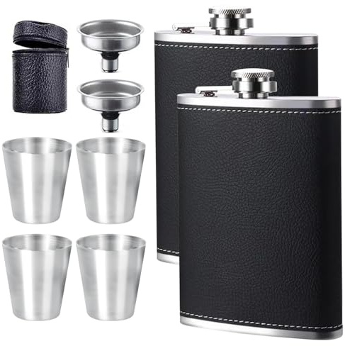DALAETUS 2 Pezzi 8Oz Fiaschetta in Acciaio Inox Kit con 2 Imbuto Fondina e 4 Bicchieri Vino e 1 Custodia Pelle Cerniera, Fiaschetta, Fiaschetta Whisky per Aperto Campeggio Uomo Regalob