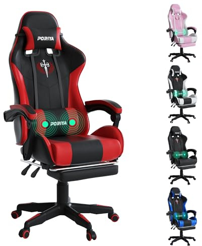 PORIYA Gaming Chair with Adjustable Backrest, Ergonomic Executive Office Chair, Height Adjustable Racing Chair 2-Point Massage Reclining Computer Chair Capacity Weight 150 kg (Black&Red Massage)