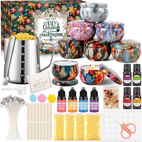 BBLTIFF Kerzen Selber Machen Set, Kerzen Gießen Set, Kerzenherstellung Kit Enthält 480 Gramm Sojawachs, 8 Kerzengläser, 4 Farbessenzen und 4 Düfte, Kerzenset zum Selbstmachen für Erwachsene Anfänger