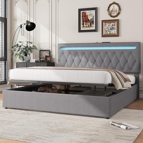 KUAKE Letto contenitore matrimoniale con presa USB & tipo C, letto matrimoniale 180 x 200 cm con luce d'atmosfera sul letto, letto idraulico con base a doghe
