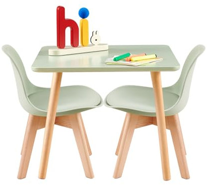 LuxNook Kindertisch mit 2 Stühlen, Kindersitzgruppe, aus FSC nachhaltigem massivem Buchenholz, 1 bis 6 Jahre Kinder, Kindermöbel für Kinderzimmer, Kindergärten, grün