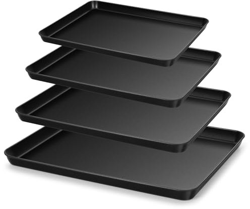 HaWare Baking Tray, Large Nonstick Oven Tray Set of 4, Carbon Steel Cookie Sheet Pan for Baking/Cooking/Serving, Healthy & Non Toxic, Rust Resistant & Easy Clean - Black