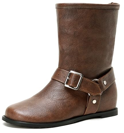Cozivwaiy Women's Short Boots Ankle High Comfortable Low Heel Pirate Boots For Women Dress Vintage Victorian Shoes Buckle Biker Flats Brown Size 10