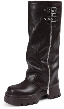 Lyrisiphy Brown Platform Fold Over Knee High Boots Women Combat Riding Boot