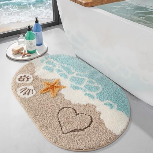 DEXI Oval Bath Mat 54 x 86 cm, Non-Slip Absorbent Bathmat with Cute Pattern, Washable Rugs for Shower Floor, Bedroom, Bathroom Accessories Decor, Starfish Beach