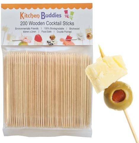200 Wooden Cocktail Sticks - Premium Birchwood Double Pointed 8cm - Food Safe & 100% Biodegradable - for Food, Cocktails & Oral Hygiene
