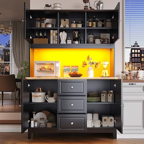 DACHETOU Mobile alto 120 × 40 × 180 cm, moderno armadio da soggiorno con 4 ante, 3 cassetti, vetrina da cucina con funzione luce musicale, protezione antiribaltamento, nero