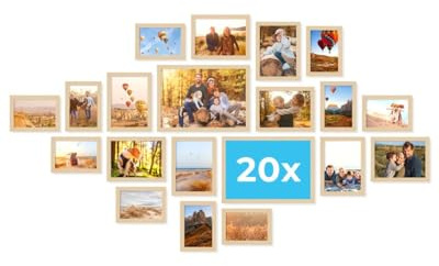 PHOTOLINI Lot de cadres tailles variées, collage mural de 20 cadres naturels, cadre photo en bois MDF à poser ou à accrocher, verre acrylique, formats photo 10x15, 13x18 et 21x30 cm