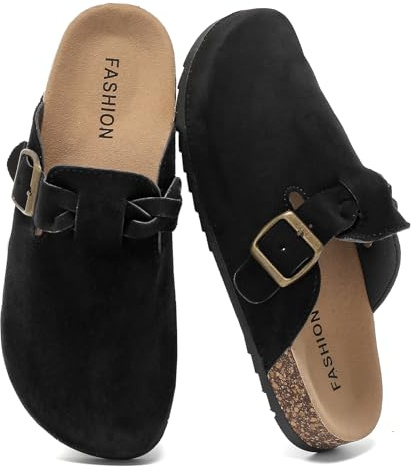 Suede Clogs Women Men Cork Footbed Adjustable Buckle Arch Support Mules | Leather Closed Toe Comfort Slippers Soft Sandals Anti Slip Casual Shoes Everyday Wear Lightweight Flexible