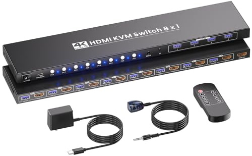 Conmutador KVM HDMI 8 PC 1 monitores, USB 3.0 4K60 Hz 8 Puertos KVM Switch, 8 ordenadores comparten 1 juego de monitor de teclado y ratón y 4 puertos USB 3.0 para periféricos