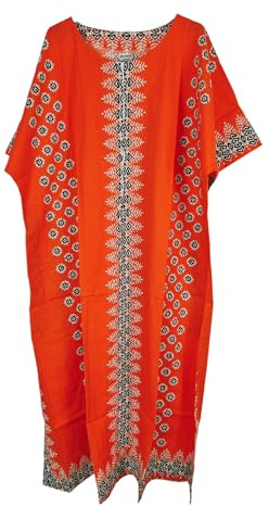 Kiran Fashion New Ladies 100% Cotton Maxi Kaftan Dress Summer Ethnic African Print Beach Cover One Size (Orange)