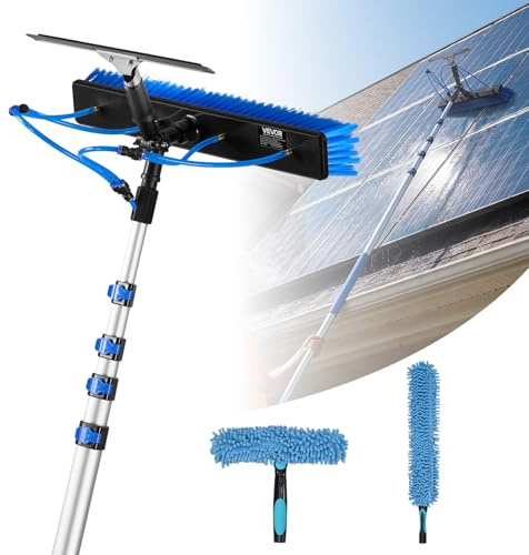 VEVOR 2-in-1 Teleskop Waschbürste für Solarpanel, Photovoltaik Reiniger Set mit 1,8-7,9m Alu-Teleskop 20m Wasseranschluss Abzieher Seifenspender, Reinigungsbürste für Solaranlage Fenster Terrassendach