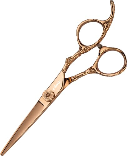 E-Kwip Flower Profi Haarschere - Friseurschere in 5,5 Zoll aus Japanstahl - Titanbeschichtung in rose-gold, mit ergonomischen Offset-Design & Blumenornamenten