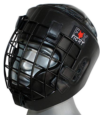 FOX-FIGHT Kopfschutz mit Metallgitterfront für Gesichtsschutz. Headguard aus echtem Leder mit Kopfdeckel. Boxhelm für Kampfsport, MMA, Boxen, Kickboxen & Sparring (schwarz, L/XL)