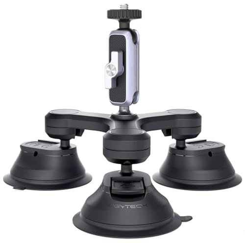 PGYTECH Three-Arm Strong Suction 360-degree Adjustable Mount for Action Cameras DJI, GoPro, Insta360 Cameras & Smartphones - With 360 Ball Head and ¼” Mount; great For Car Windshield & Vehicle Body