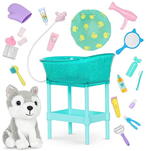 Glitter Girls – 14-Inch Doll Accessories – Pet Grooming & Pup Set – Dog – Plush Husky Stuffed Animal – Bathtub, Hair Dryer & Shower Cap – 3+ Years– Children’s Toys