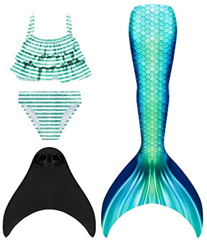 NAITOKE meerjungfrauenflosse mädchen Badeanzug - Meerjungfrau Flosse Bademode mit Bikini Set und Monoflosse Mermaid Tail, 4 Stück Set