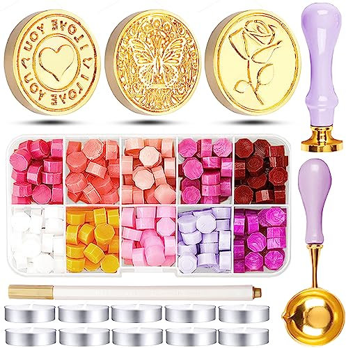 Zeuwets 150 Stück Siegelwachs Set, 10 Farben Siegelwachsperlen Siegel Set mit 3 Siegelstempel, 1 Löffel, 1 Bastelstiften & 10 Kerzen, Stempel Wachssiegel Perlen für Briefen, Geschenk, Einladungskarte