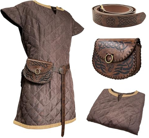 HiiFeuer Túnica medieval, Con cinturón y bolso vintage, Armadura de tela de caballero mercenario, Renacimiento LARP Cosplay Set para Ren Faire Halloween (Marrón S)