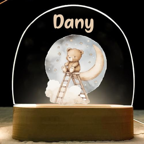 RecontraMago Lampara infantil - Bebe recien nacido niños - luz noche quitamietdos personalizada nocturna regalo niño originales para con nombre bautizo cumpleaños años 1 2 3 0 (OSITO-LUNA)
