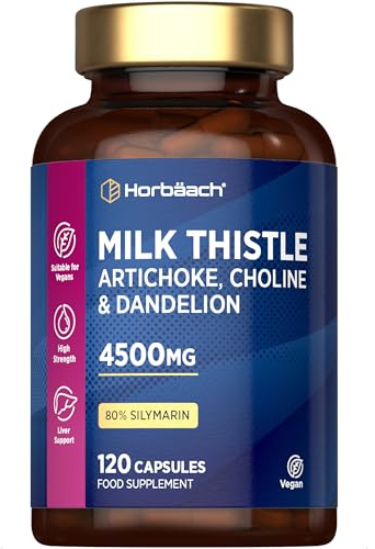 Milk Thistle Capsules 4500mg | 4-in-1 Complex with Artichoke, Dandelion and Choline | 80% Silymarin | High Strength Vegan Supplement | 120 Capsules | by Horbaach