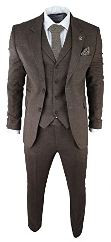 Costume Homme en Tweed à Chevrons 3 Pièces Style Classique Vintage Coupe Ajustée - Marron 56