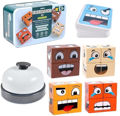 GGesii Ausdruck Holzwürfel Puzzle, Bunte Zauberwürfel Baustein Spielzeug Set, Montessori Interaktion Spielzeug, 80 Emoticon-Karten, Mit Glocke Würfelpuzzle aus Holz, für Kinder Ab 3 Jahren