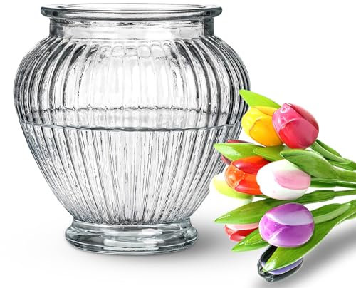 Wrenbury Laurel Ribbed Glass Vase for Flowers 15cm Daffodil Container for Bouquets - Clear Glass Vase for Tulips - Makes a Classic Table Centrepiece
