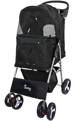 Actiaspet - Foldable Pet Stroller with Swivel Wheels | 15kg Carrying Capacity Collapsable Pet Push Chair Buggy (Black, Stroller)