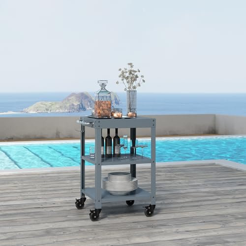 casa.pro Carro de Servicio Bolognano para Jardín Carrito Auxiliar con 4 Ruedas y 4 Ganchos de Exterior Carro de Barbacoa de 3 Niveles Patio Piscina Terraza Metal 81 x 50 x 50 cm - Gris Oscuro