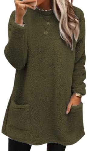 Sudaderas sin Capucha Mujer Jersey de Forro Polar Suelto Sólido Manga Larga Suéter con Bolsillos Sudadera Mujer Oversize Manga Larga Otoño Casual Cuello Crew Sin Capucha