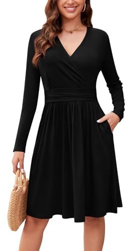 WEACZZY Women's 2025 Fall Long Sleeve Casual Black Dresses Wrap V-Neck Semi Formal Party Dress with Pockets,Black,M