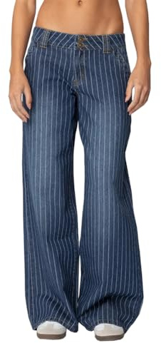 Zynqora Women's Low-Rise Pinstripe Wide Leg Jeans Trendy Vintage Baggy Denim Pants,Blue,S
