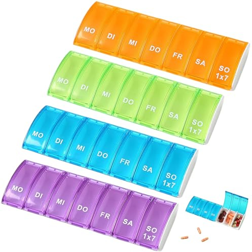 poraceous 4 Pezzi Portapillole Settimanale, Porta Pillole Settimanale a 7 Scomparti, Design Facile da Aprire, Portapillole da Viaggio, 7 Giorni Organizer Compresse per Medicinali, Vitamine, Olio di