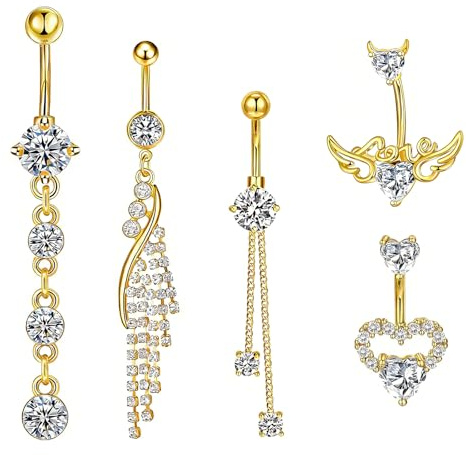 llikknve 5 Pcs Dangly Belly Button Bars Gold, Stainless Steel Belly Button Piercing, Wing Heart Tassels Gold Bellys Bar for Women and Girls