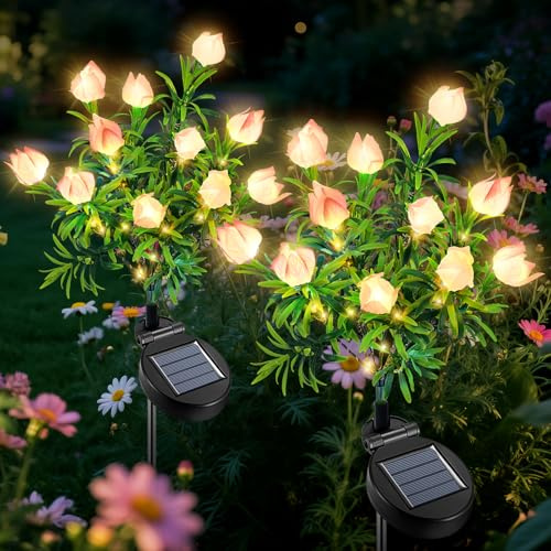 Qoosea Luces Solares Jardín Exterior, 2 Piezas Luz Solar de Flores Gardenia LED, Lámparas Solares Decorativa IP65 Impermeable, Decoración para Patio, Césped, Boda, Fiestas, Navidad (Blanca Cálida)