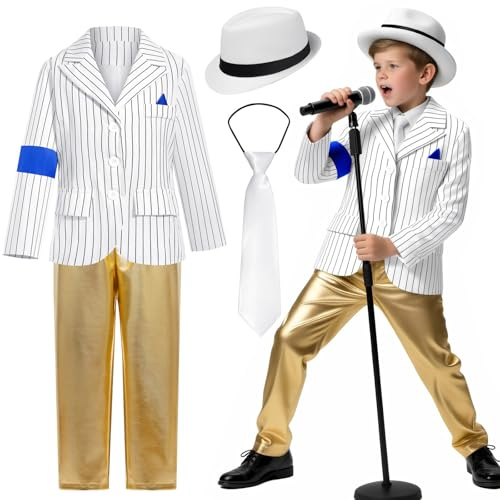 Genérico Disfraz Rey del Pop para Niño,Conjunto De Baile Con Chaqueta De Lentejuelas Negra Sombrero Y Guantes Estilo AñOs 80/90 Conjunto De Ropa De Escenario Con Lentejuelas Para NiñOs Y NiñAs