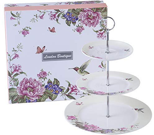 London Boutique Présentoir à Gâteaux à 3 Niveaux Présentoir à Thé de l'Après-Midi Vintage Papillon Shabby Chic dans Une Boîte Cadeau(Beige), 22x26