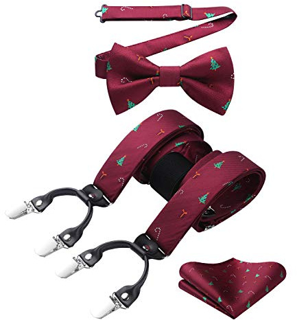HISDERN Bretelle Uomo Papillon Set Bretelle Rosso natalizie Fazzoletto da taschino Regolabile a forma di Y con clip robuste e divertenti motivi di Babbo Natale