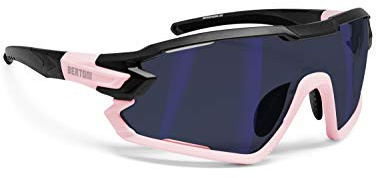 Bertoni Occhiali Ciclismo Running MTB Sci Paddel Tennis Sport Polarizzati Fotocromatici MOD. Quasar (Nero - Rosa/Blu Specchio)